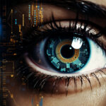 Futuristic woman eye display cyberspace concept science background technology human person vision system digital